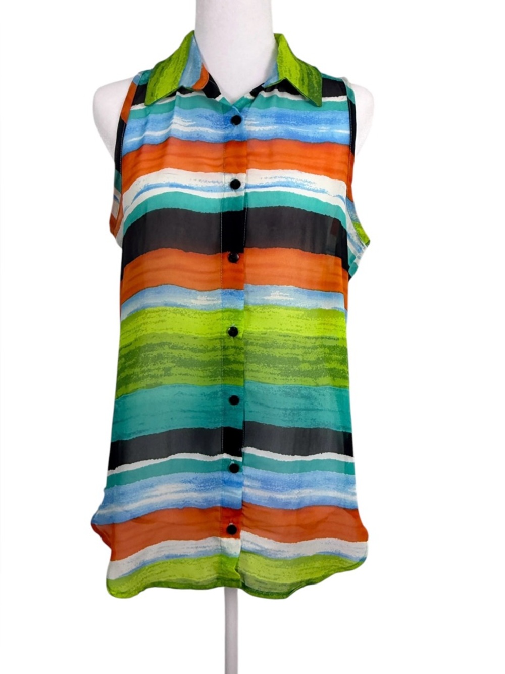 Catch My I ! Retro Multicolor Sheer Striped Sleeveless Button-Up Top Size M